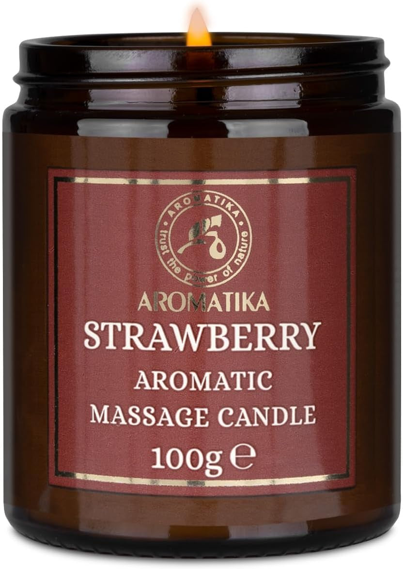 Bougie De Massage Fraise 100G - Cire De Soja, Huiles De Noix De Coco Et D'Amande, Oléorésine De Vanille - Relaxante, Calmante - Beauté, Aromathérapie