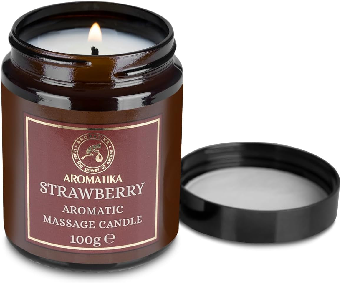 Bougie De Massage Fraise 100G - Cire De Soja, Huiles De Noix De Coco Et D'Amande, Oléorésine De Vanille - Relaxante, Calmante - Beauté, Aromathérapie