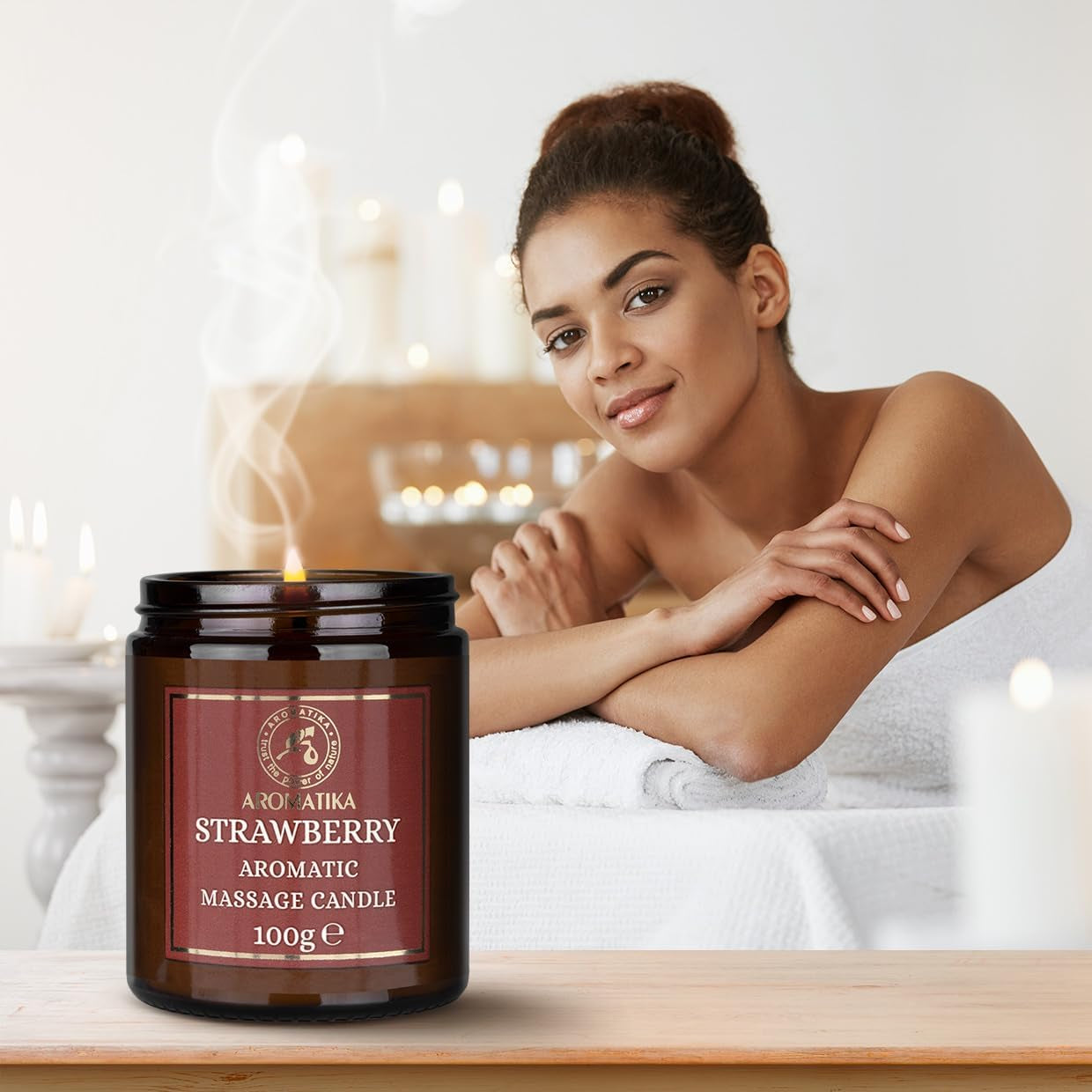 Bougie De Massage Fraise 100G - Cire De Soja, Huiles De Noix De Coco Et D'Amande, Oléorésine De Vanille - Relaxante, Calmante - Beauté, Aromathérapie