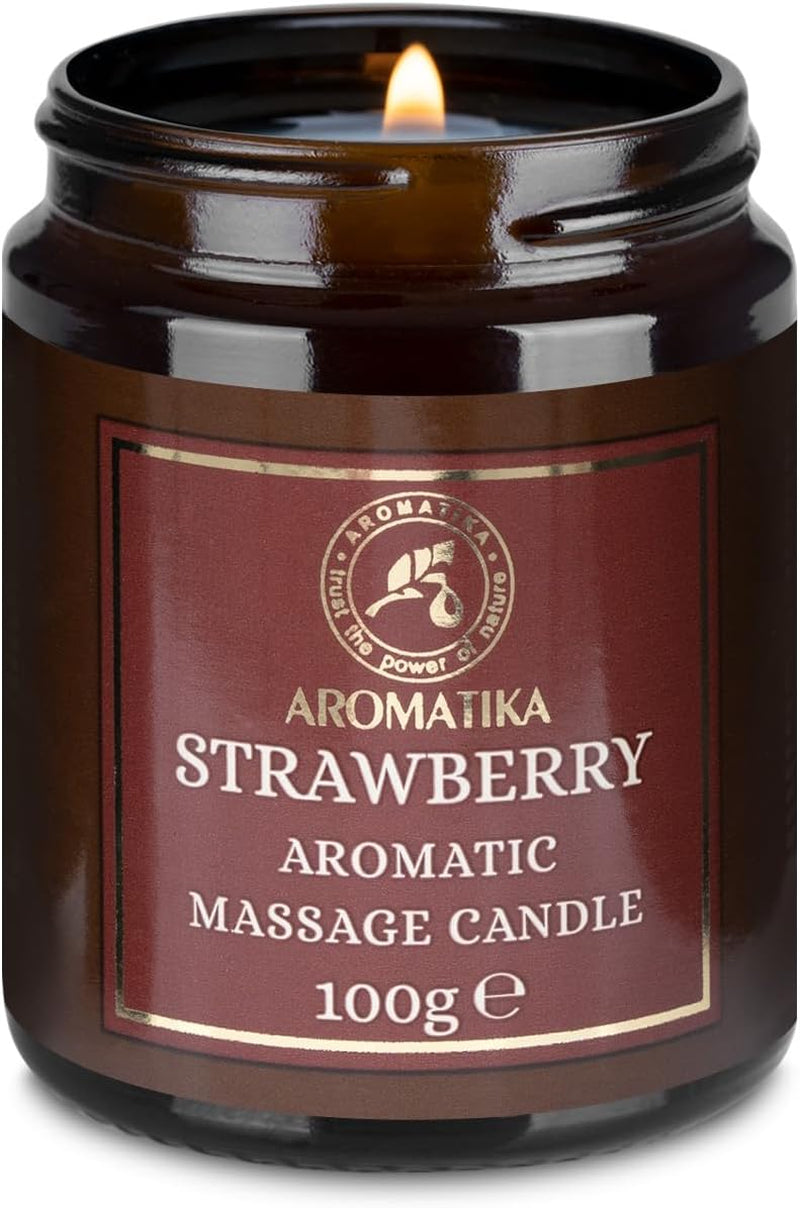Bougie De Massage Fraise 100G - Cire De Soja, Huiles De Noix De Coco Et D'Amande, Oléorésine De Vanille - Relaxante, Calmante - Beauté, Aromathérapie